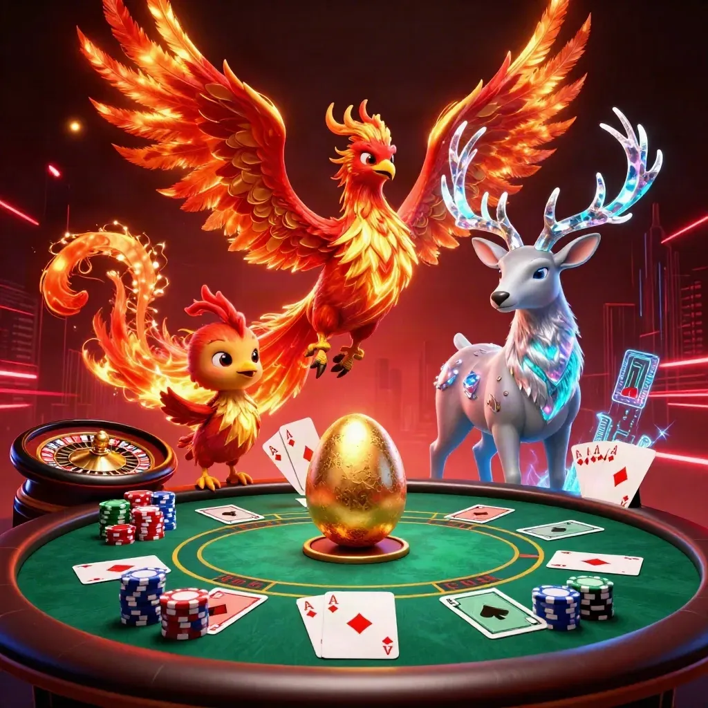 Phoenix, hatchling and stag amid casino chips, cards and neon energy.