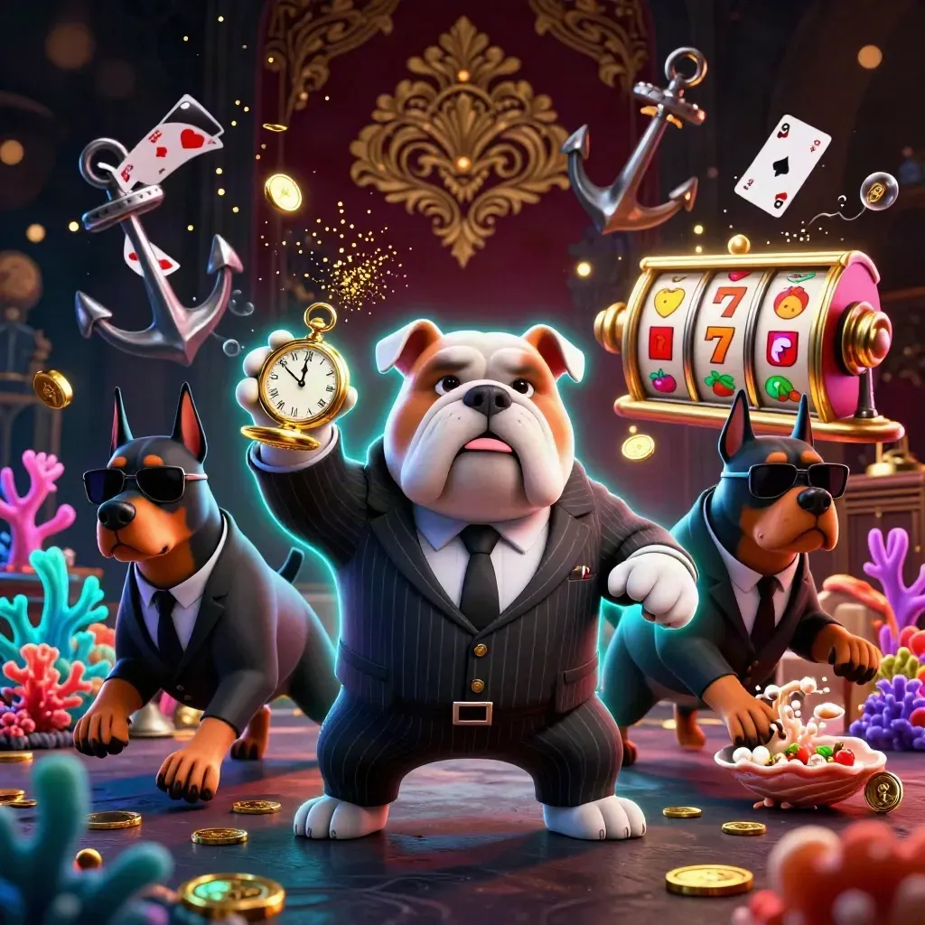 Bulldog mob boss and Doberman guards amid coin showers, coral, reels, and gold glow.