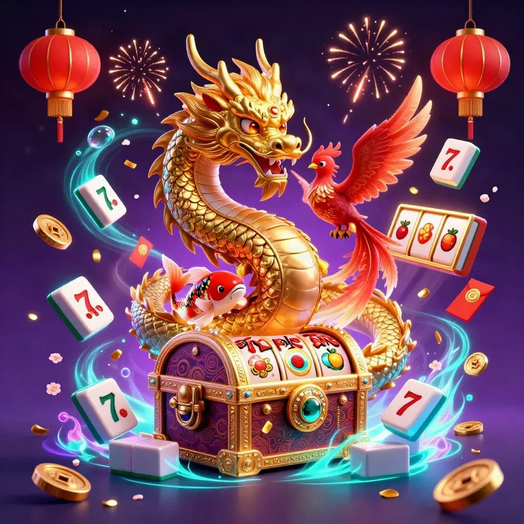 Golden dragon with phoenix and koi amid casino charms, neon lights, treasure chest and slot symbols