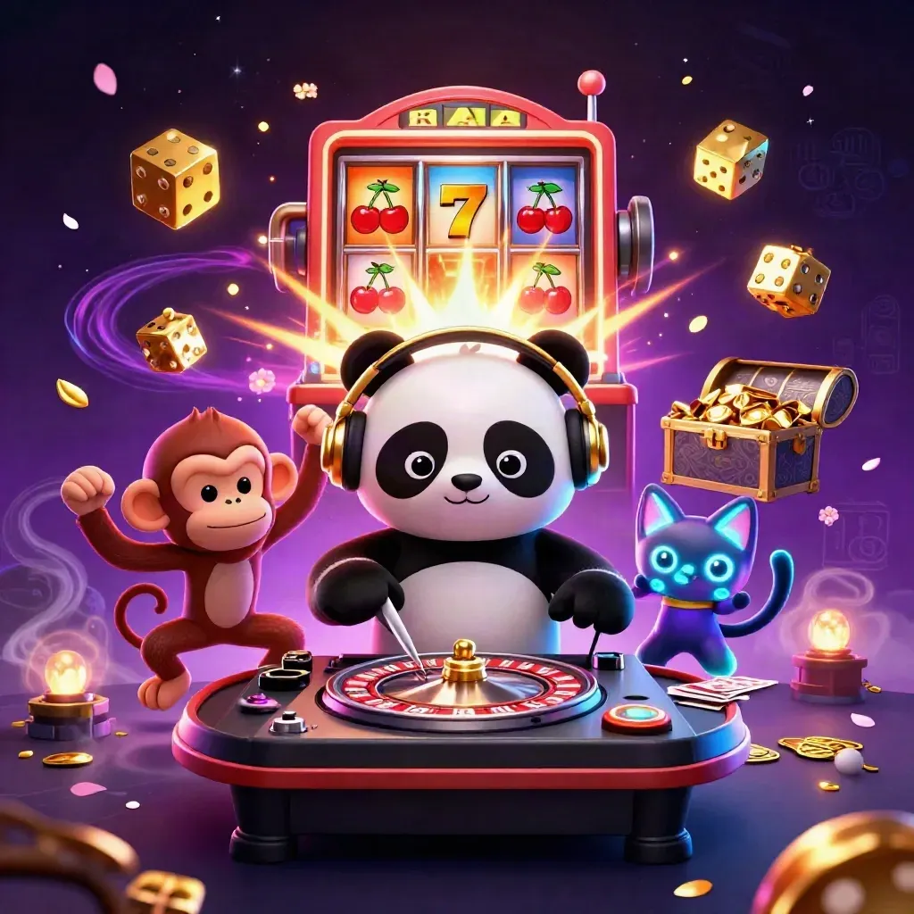 DJ panda, breakdancing monkey and rave kitten in a neon casino jackpot explosion.