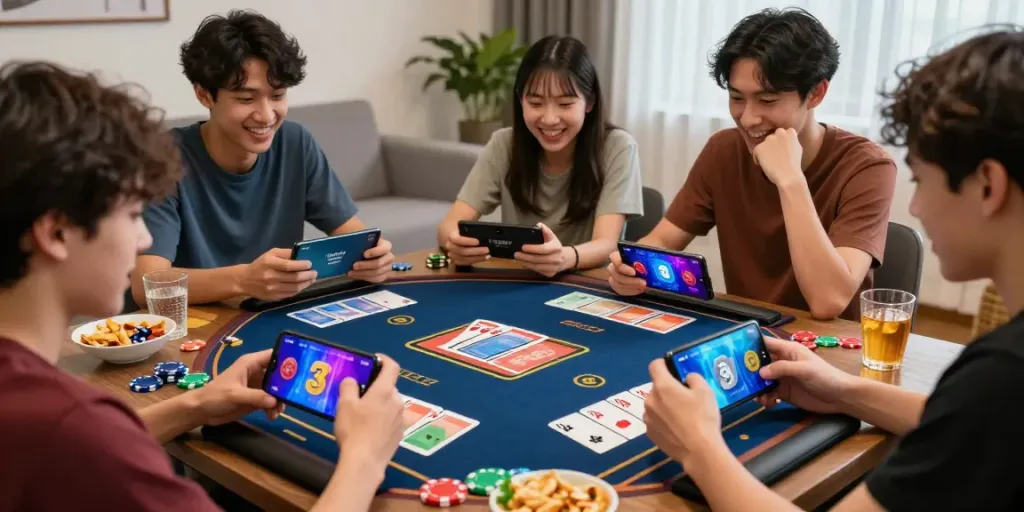 Players enjoying 3 Patti No1 in a lively gaming environment with smartphones and vibrant game graphics.