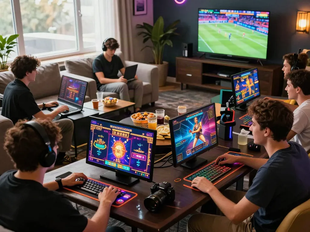 Young adults enjoying ALO8 online gaming experience, vibrant casino atmosphere.