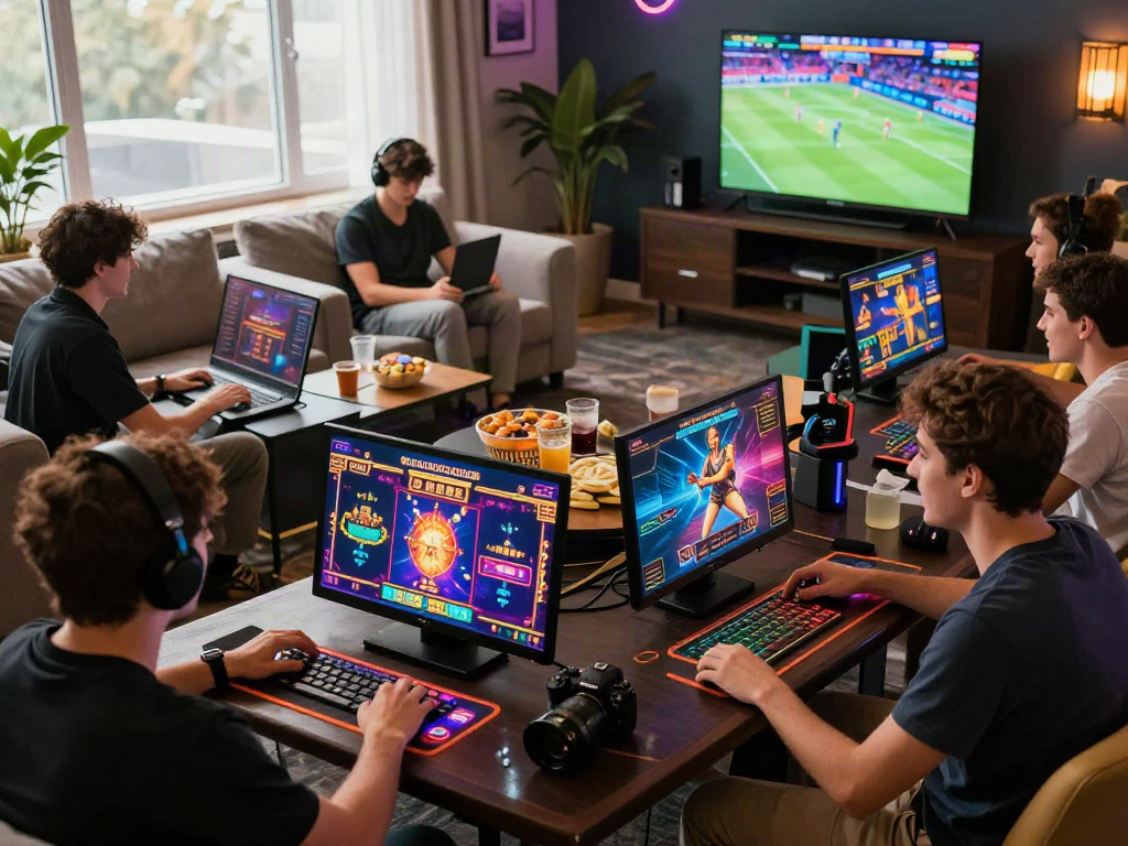 Young adults enjoying ALO8 online gaming experience, vibrant casino atmosphere.