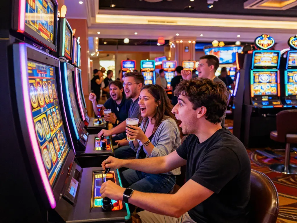 Players celebrating a big slot jackpot win in a vibrant casino atmosphere