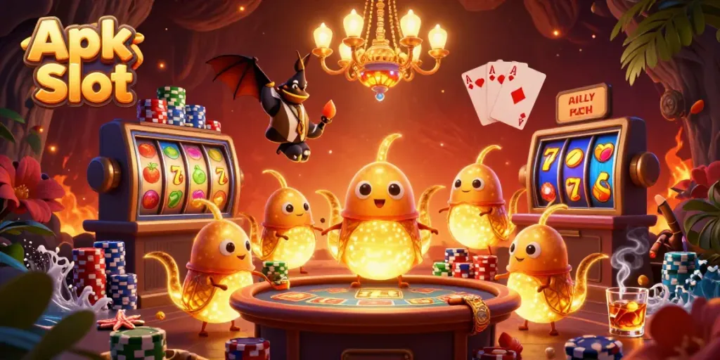 Game seru Apk Slot dengan glowworms bercahaya di kasino gua yang megah dan menawan.