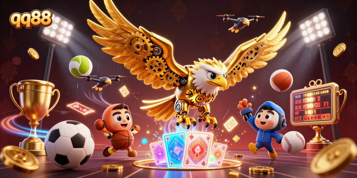 qq88 offers thrilling sports betting adventures, featuring a golden eagle among holographic games.