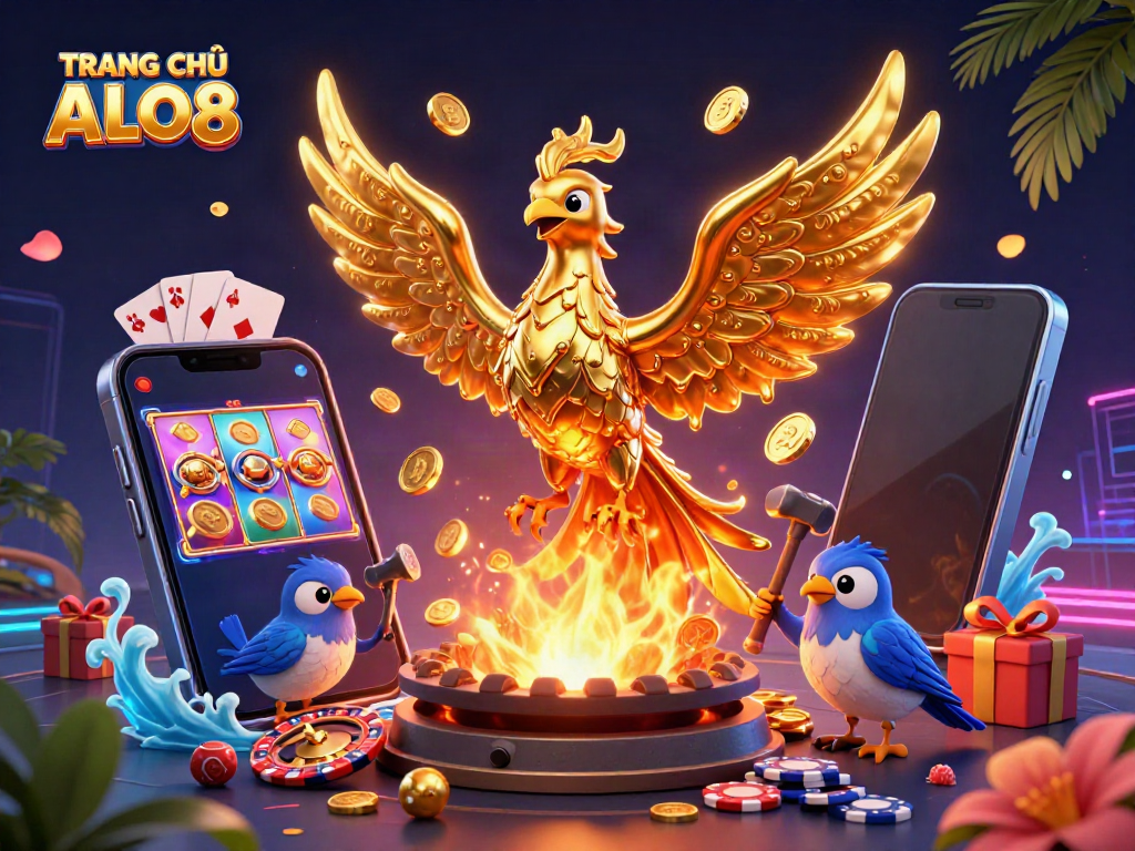 Engage in thrilling gaming at TRANG CHỦ ALO8, featuring a dynamic scene with a golden phoenix and casino elements.