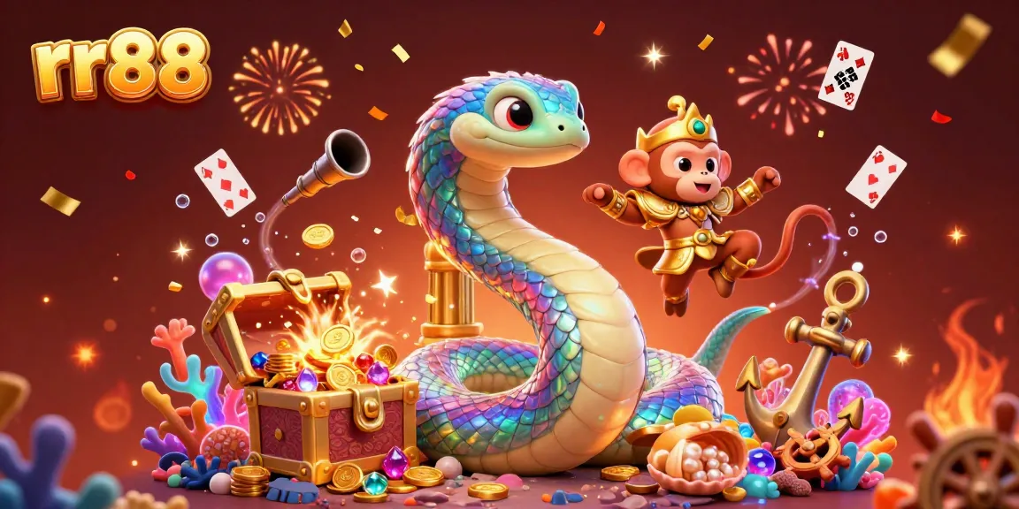 Experience the vibrant thrills of rr88 with a dazzling 3D casino scene featuring a rainbow serpent and gaming elements.
