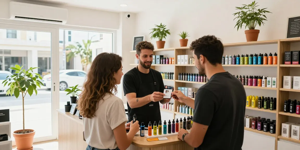 What is the legal vaping age in Cyprus, featuring a vape shop scene with age verification and hemp products emphasizing natural wellness.