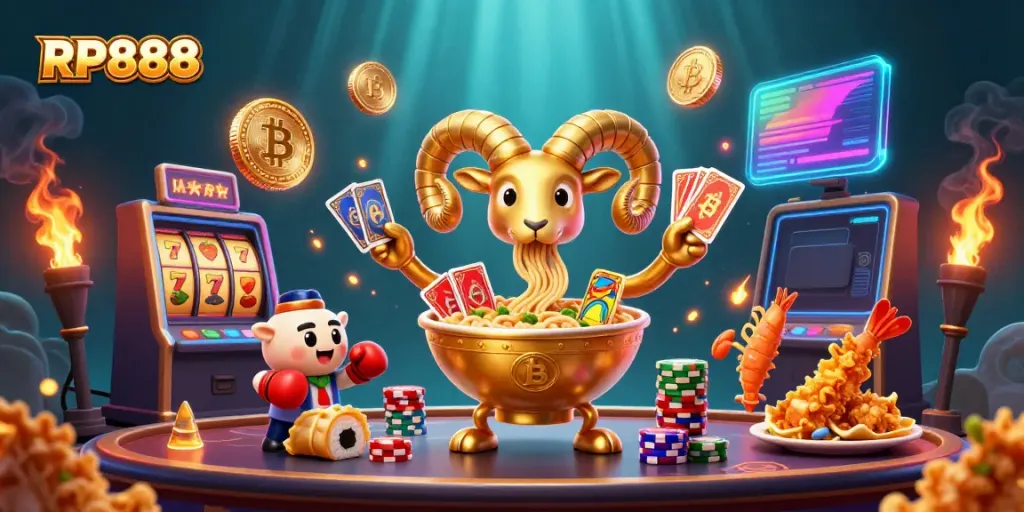 RP888 memimpin permainan slot dengan simbol keberuntungan dan karakter menarik dalam suasana kasino digital.