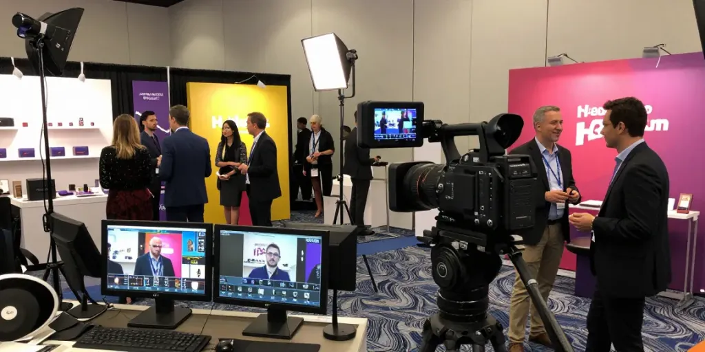 Capturing trade show videography Long Beach, California with a professional videographer among engaging exhibits.