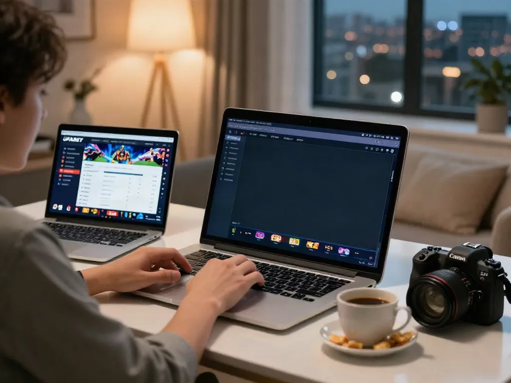 Engaging online betting experience with a smartphone displaying UFABET, cozy room lighting, and modern decor.