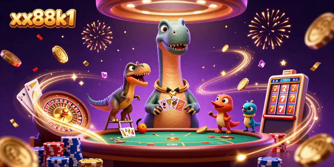 Experience the thrilling world of xx88k1 with a vibrant casino scene packed with action and excitement, showcasing a playful brontosaurus and clever raptor.