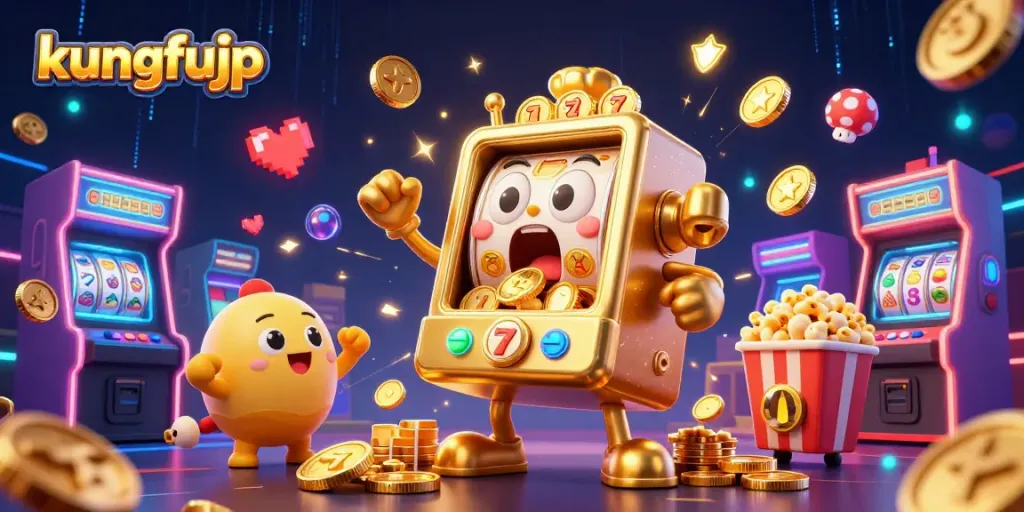 Permainan slot kungfujp dengan slot mesin emas dan koin berjatuhan dari mulutnya.
