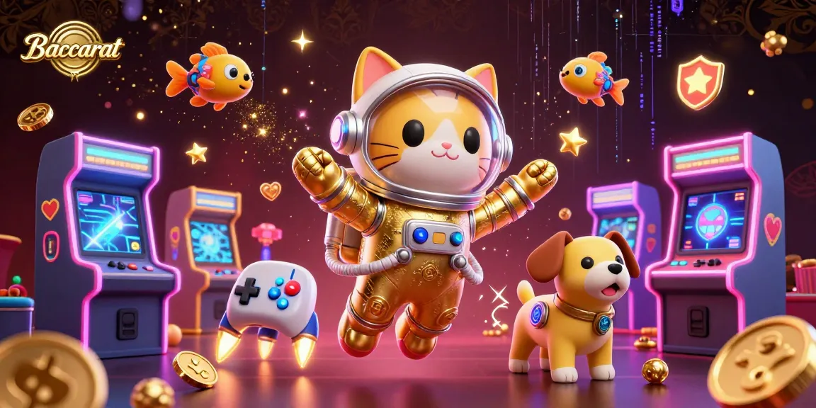 Play Baccarat with stylish charm, featuring a 3D astronaut cat and a robot dog in a playful casino scene.