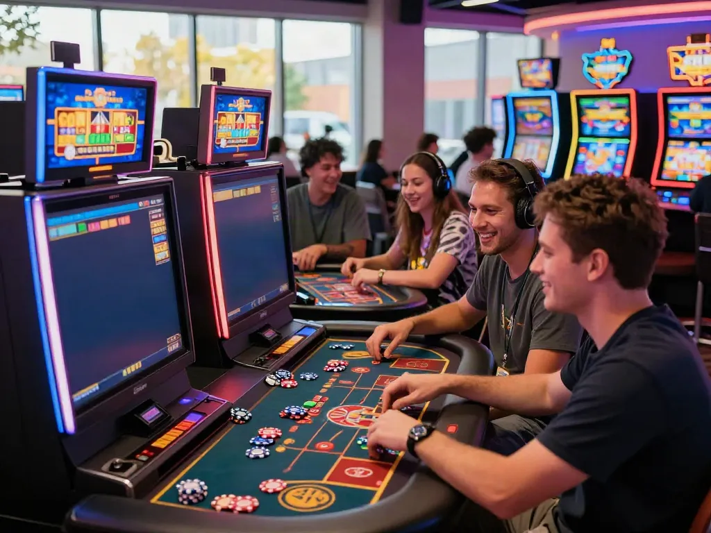Exciting online gaming atmosphere at akunjp featuring players at colorful slot machines and table games.