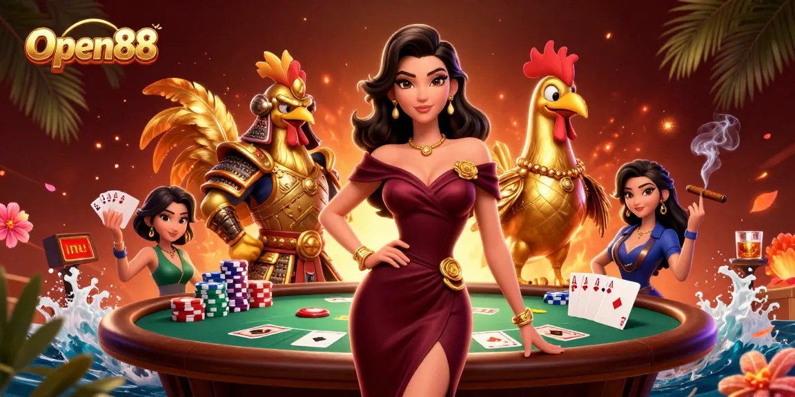 Experience exciting gameplay at Open88 with a glamorous woman and a golden rooster warrior amidst poker elements.