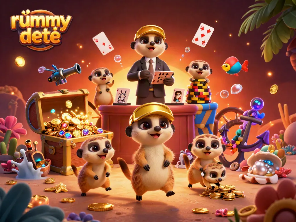 Aksi menyenangkan bermain rummy deity dengan karakter meerkat dalam kasino ceria yang ramai.
