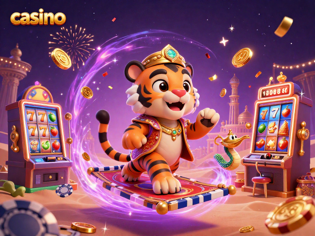 Experience vibrant excitement at the casino with colorful slot reels and lively characters.