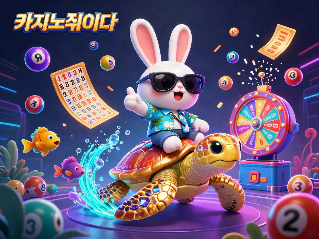 카지노사이트에서 행운을 찾는 귀여운 3D 토끼와 바다 거북이의 행복한 장면