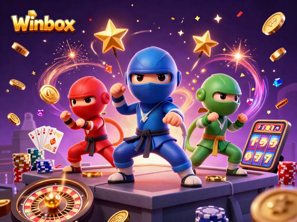 Winbox chameleon trio in vibrant martial poses, surrounded by casino elements and dynamic effects.