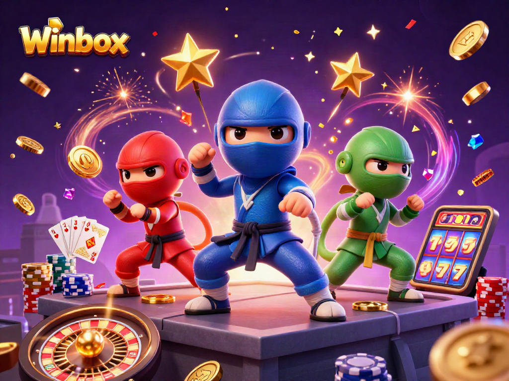 Winbox chameleon trio in vibrant martial poses, surrounded by casino elements and dynamic effects.
