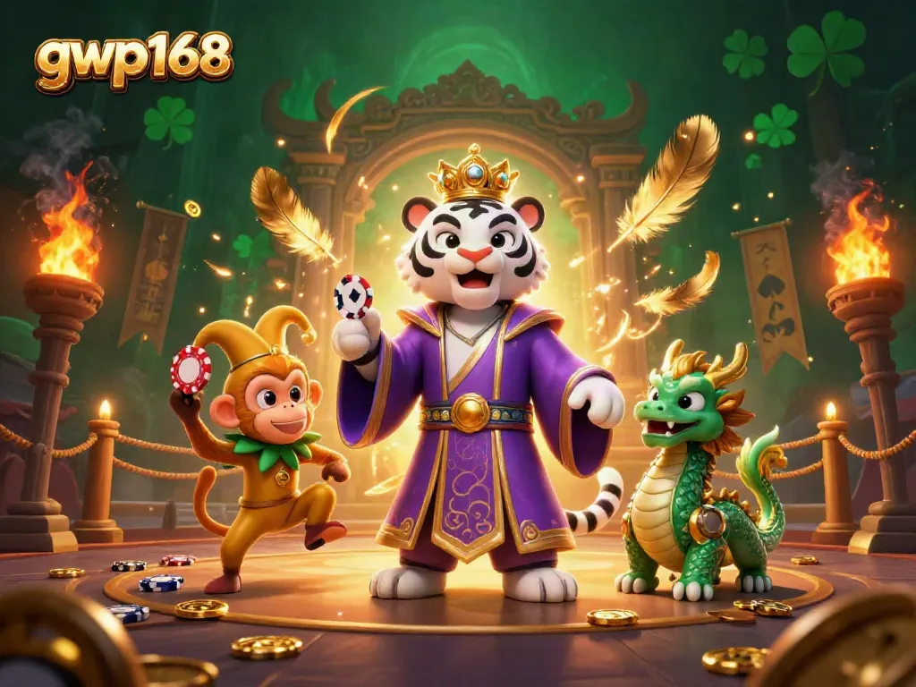 Menghadirkan gwp168, singa putih bermahkota dan monyet emas bermain chip, dikelilingi elemen kasino.