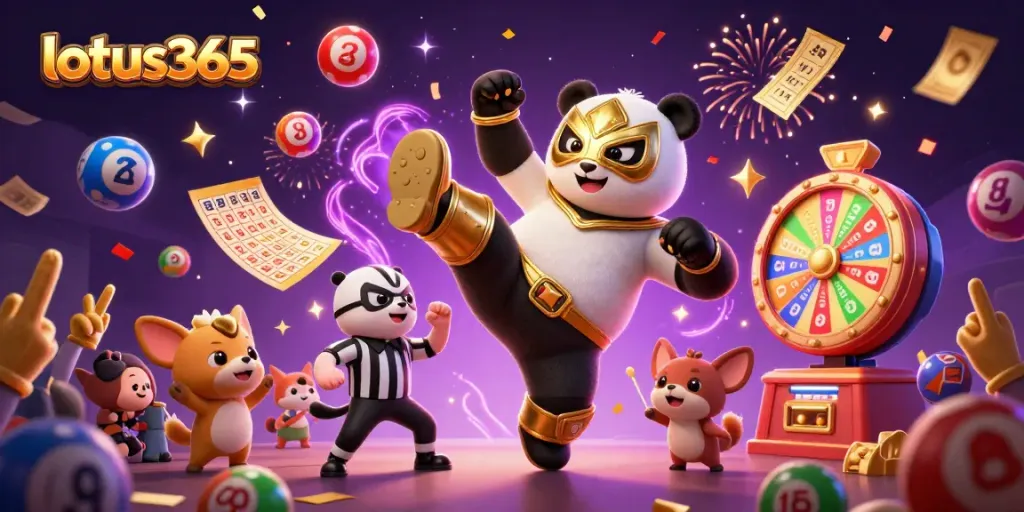 Engaging scene showcasing lotus365 betting excitement with a panda wrestler and animated characters celebrating