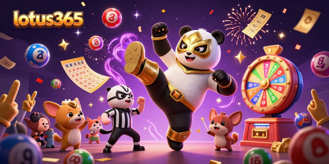 Engaging scene showcasing lotus365 betting excitement with a panda wrestler and animated characters celebrating
