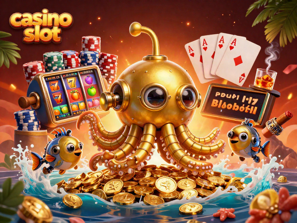 Experience thrilling casino slot action with a golden kraken submarine amidst treasures.