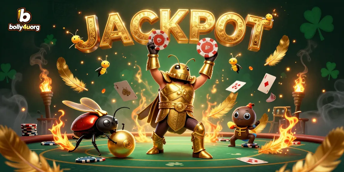 Bolly4uorg showcases a victorious beetle in poker scene, highlighting engaging gambling action.