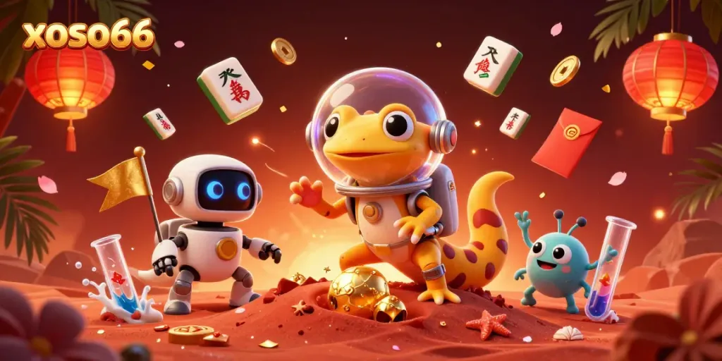 Experience excitement at xoso66 with a vibrant illustration of a Martian gecko discovering a hidden casino.