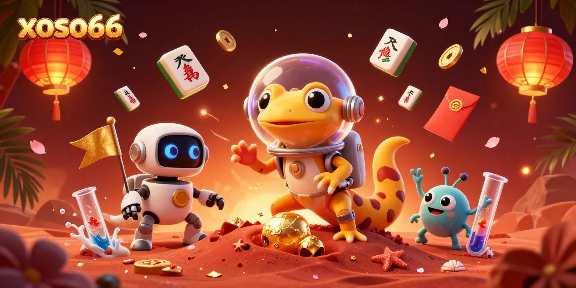 Experience excitement at xoso66 with a vibrant illustration of a Martian gecko discovering a hidden casino.