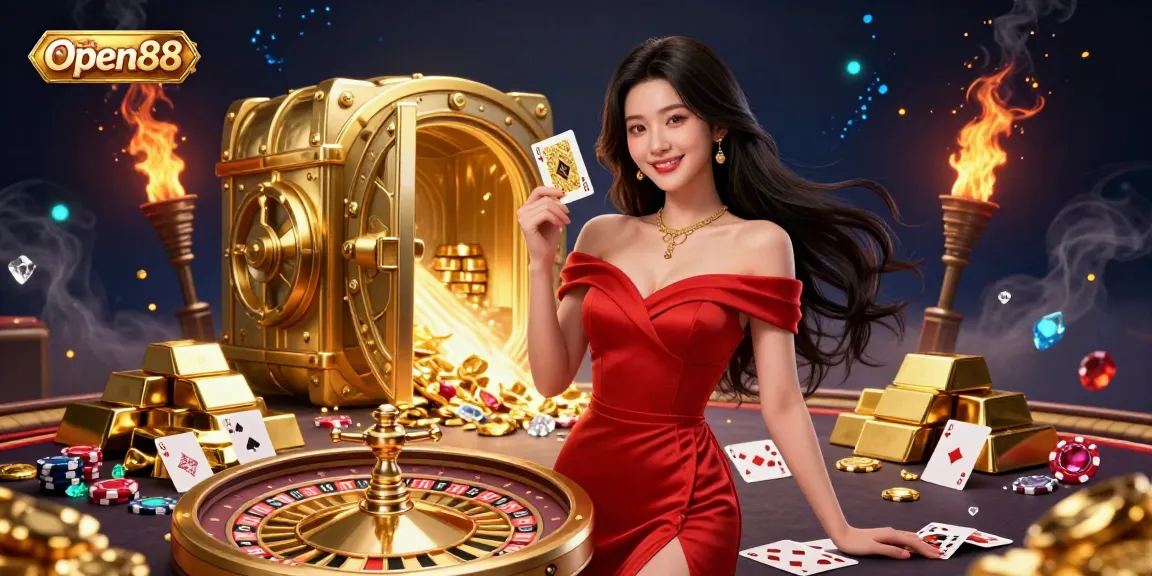 Engage in thrilling gameplay at Open88, exploring gold-filled scenes with spinning roulette wheels and stunning visuals.