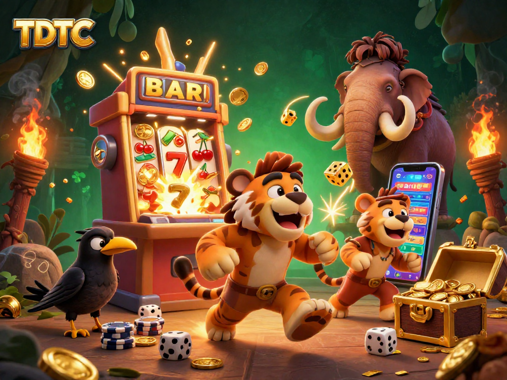 Spin to win at TDTC's prehistoric casino with dynamic characters and vibrant gaming elements.