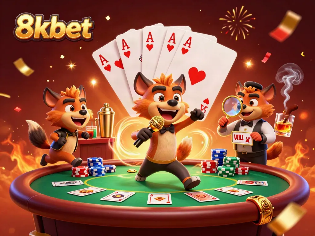 Engage with 8xbet's vibrant casino scene featuring hyenas in a comedy club atmosphere, creating joyful moments.