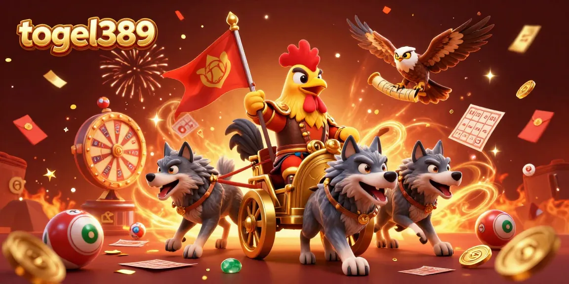 Engage with togel389's dynamic lottery scenes featuring a rooster warlord and lucky symbols.