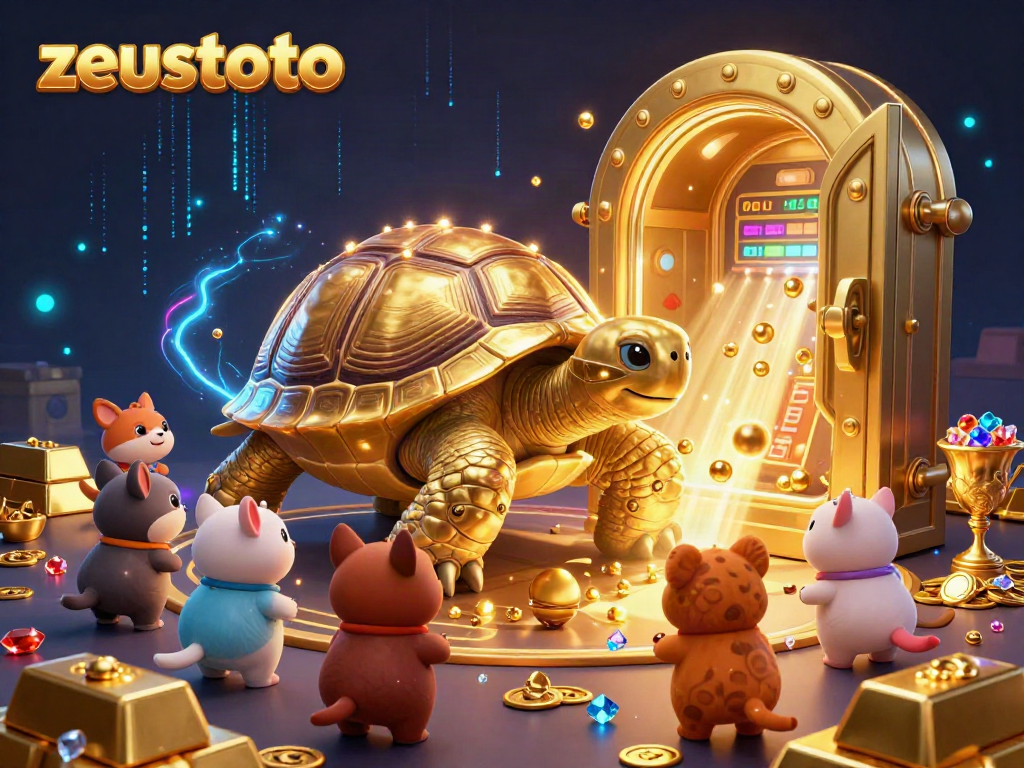 Experience zeustoto's thrilling gambling atmosphere with a giant golden tortoise pinball machine in a vibrant digital casino.