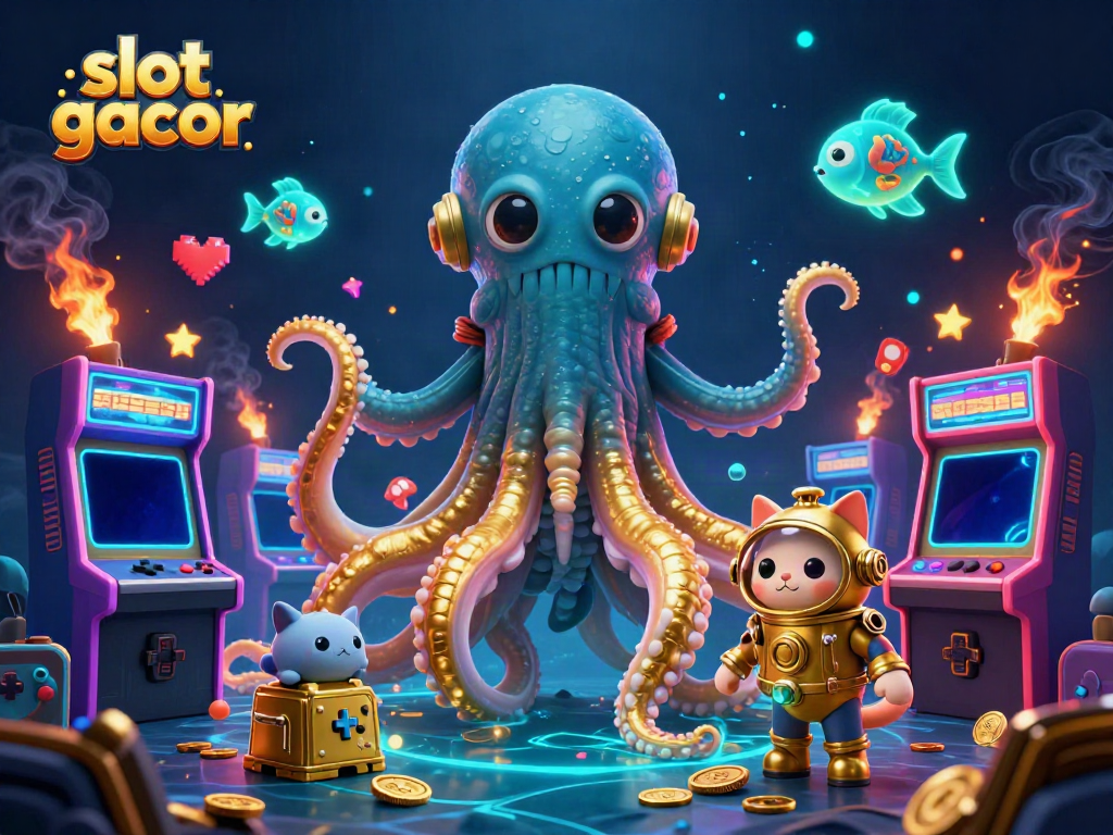 Experience slot gacor action with a kraken, diving cat, and vibrant arcade elements in this dynamic casino scene.