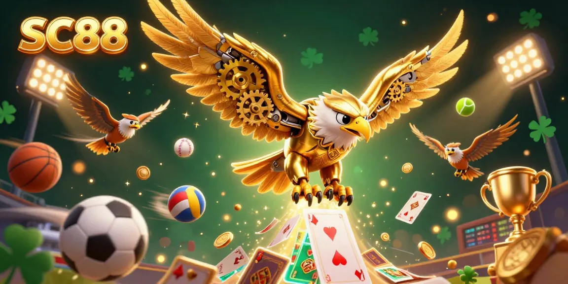 Experience the excitement at SC88 with a thrilling 3D illustration of a cybernetic golden eagle and dynamic sports elements.