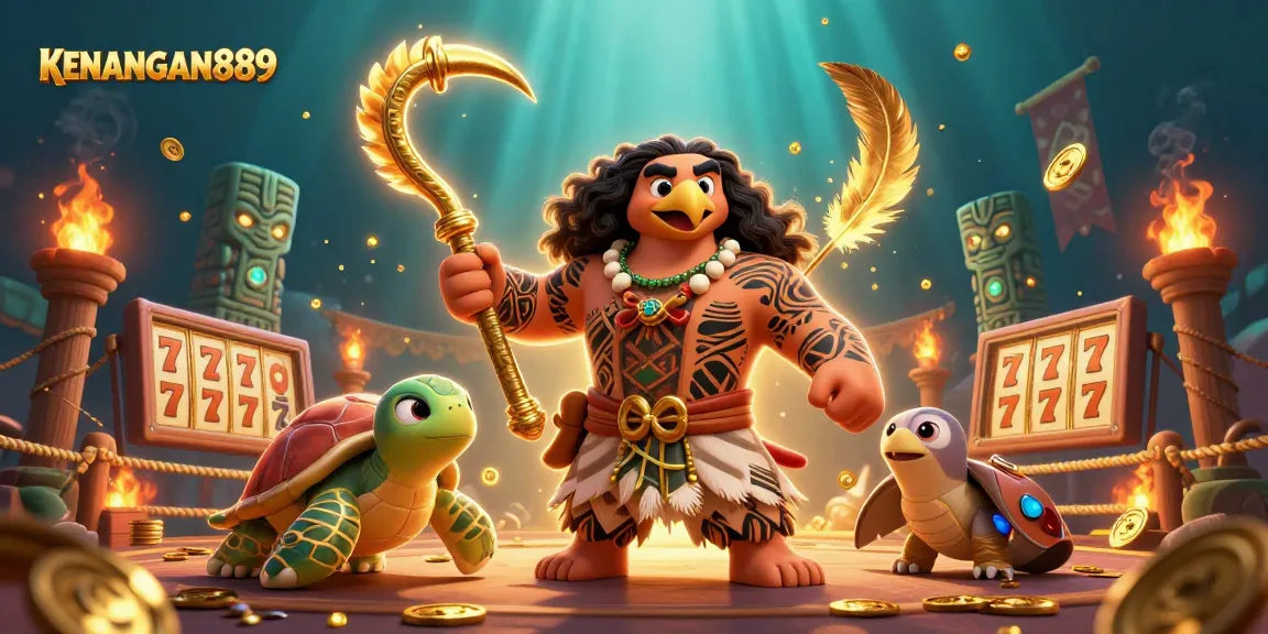 Experience thrilling gameplay at KENANGAN889 with majestic hawk and turtle in a vibrant casino scene.