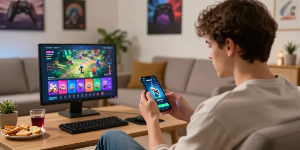 Diana4D tampilan aplikasi hiburan game online di smartphone dalam suasana ruang tamu yang nyaman.