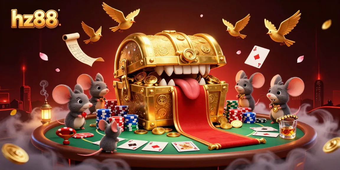 Engage in exhilarating gameplay at hz88 with a vibrant scene of treasures, poker elements, and thrilling casino atmosphere.