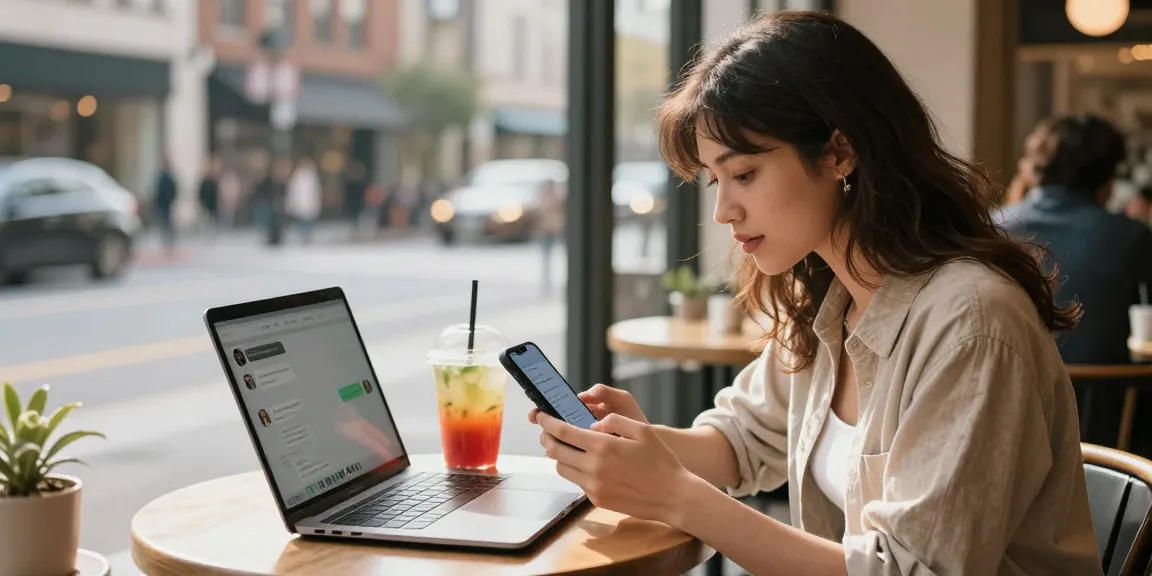 Young woman engaged with her AI girlfriend on a smartphone at a café.