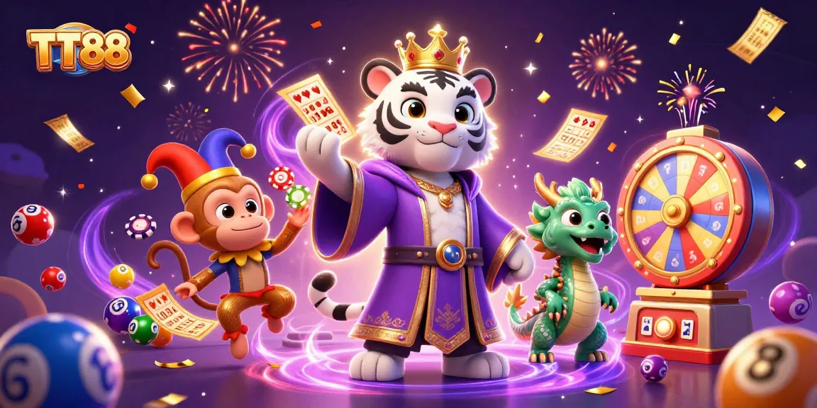 Experience the thrill of TT88 with vibrant casino elements and characters in a dynamic 3D illustration.