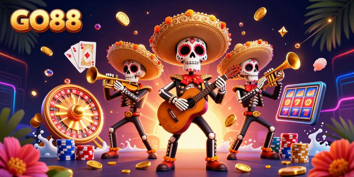 Experience GO88's vibrant gaming scene with a 3D cartoon mariachi band and casino elements.