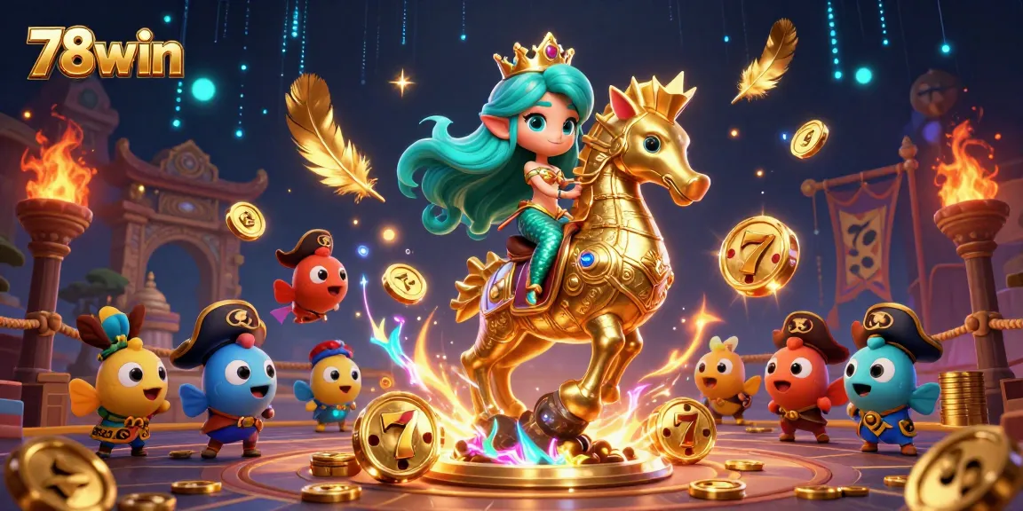 Experience thrilling gameplay with 78win's vibrant cartoon scene featuring mermaid characters and casino elements.