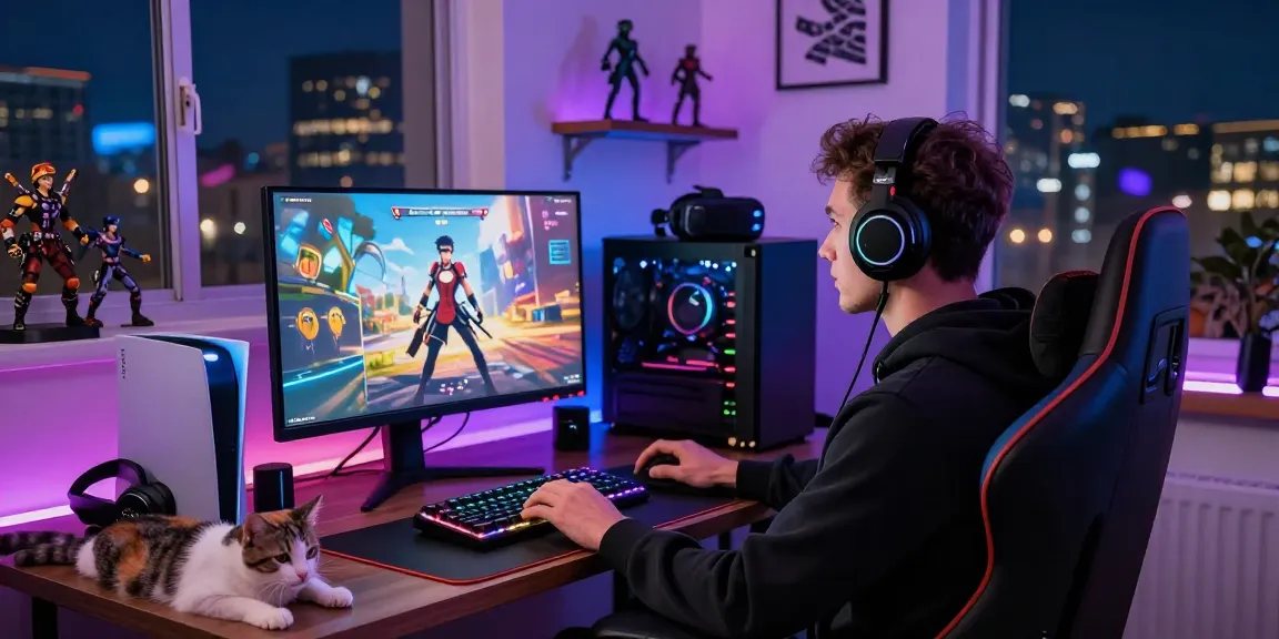 Engaged gamer playing an android hentai game in a vibrant gaming room with colorful LED lights and gaming setup.