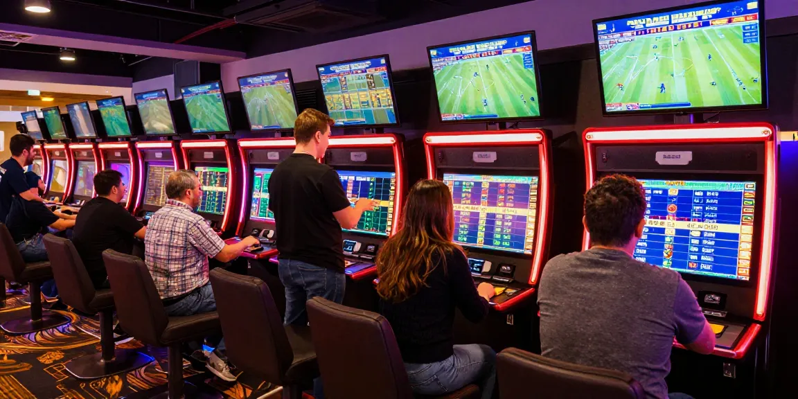 Exciting sports betting scene at red88 casino with diverse patrons engaging and digital displays