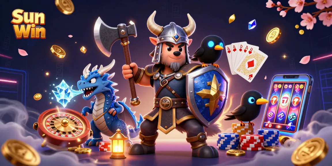 Experience thrilling gaming at Sun Win with a dynamic Viking warrior, fierce dragon, and casino elements.